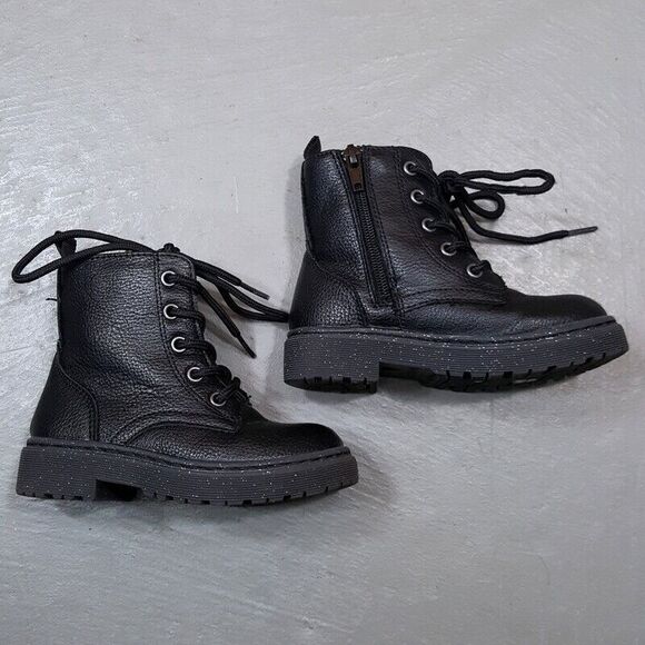 SINCERELY JULES Combat Boots Girls Size 8 Black Faux leather Side Zip Glitter - Picture 1 of 8